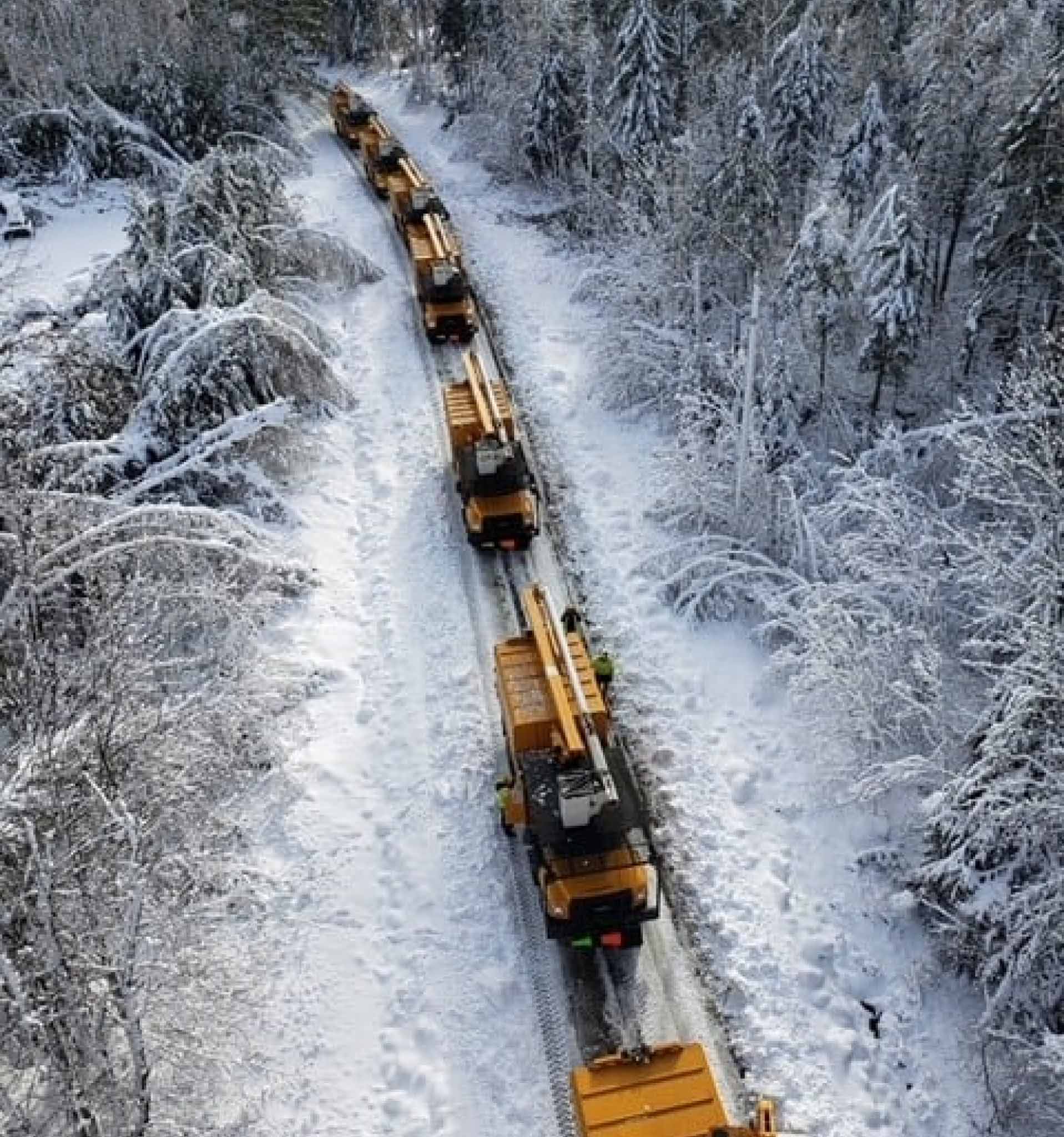 Multiple trucks driving through snow