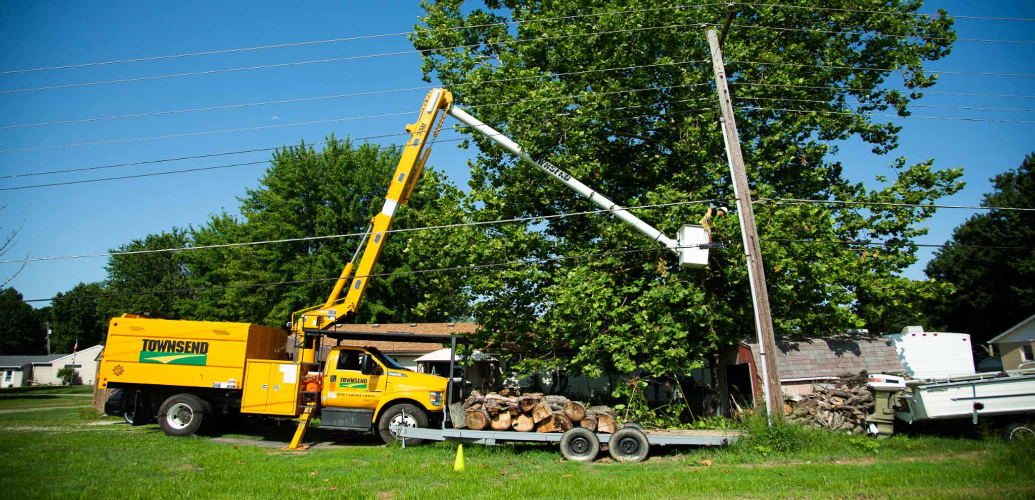 A large tree trimming truck next to a tree