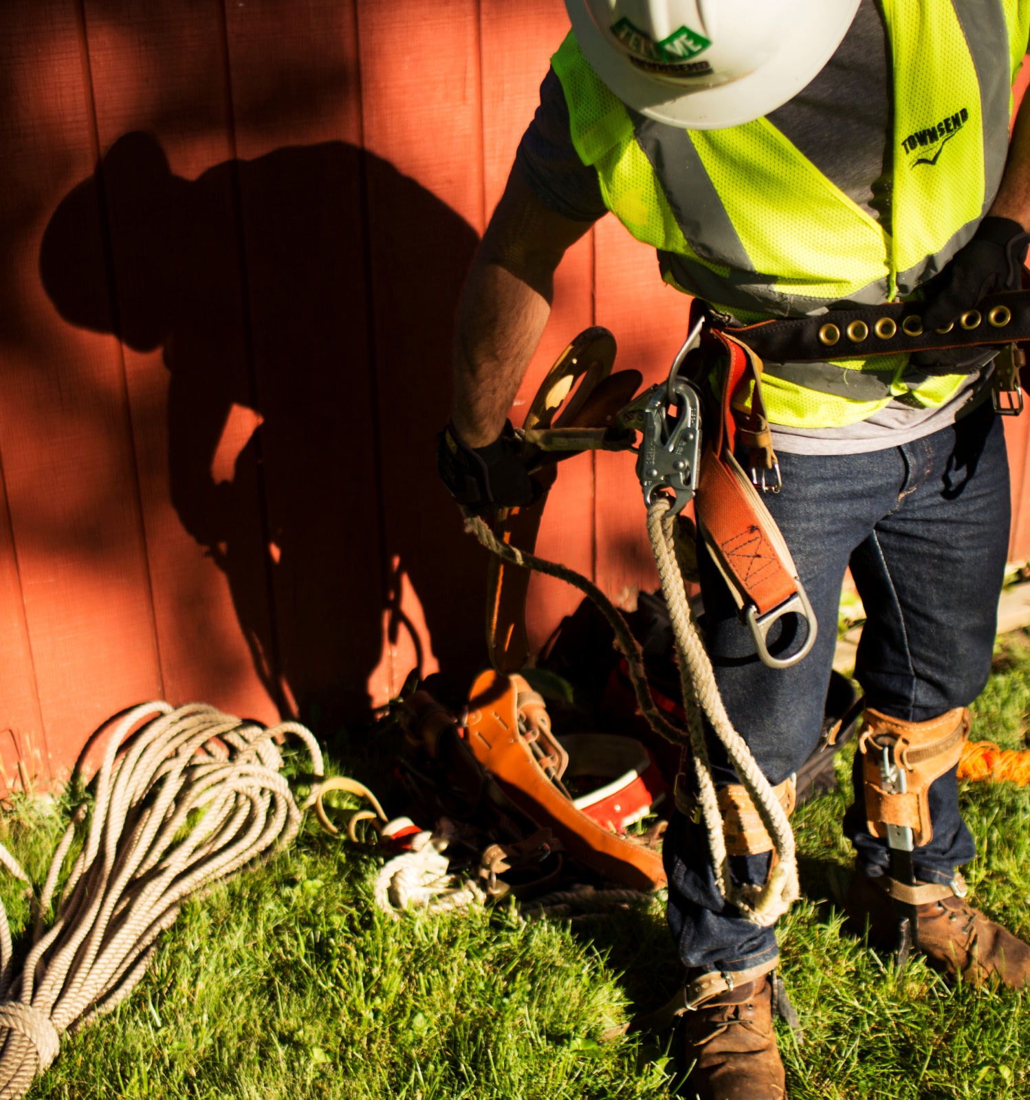 A tree trimmer getting equipment ready to climb a tree